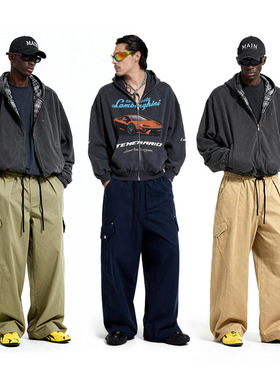 铆钉假口袋弹力工装裤25秋季新品日系复古阔腿休闲裤男