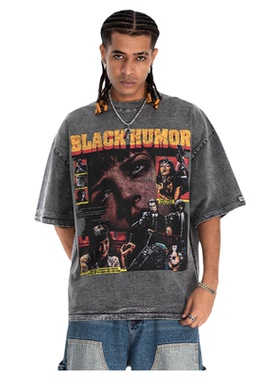 美式街头300G重磅水洗做旧人像印花短袖T恤男女纯棉复古