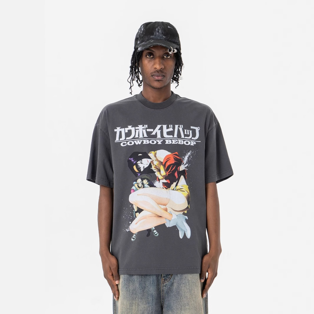 285G动漫少女印花2025春夏新品潮牌街头重磅水洗短袖T恤