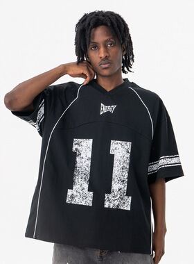 春夏新品潮牌雪花裂纹做旧11号印花V领宽松短袖T恤男