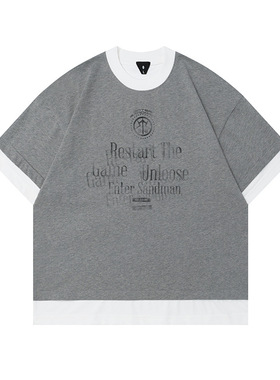 新款夏季短袖双纱精梳棉230G假两件宽松休闲情侣t恤