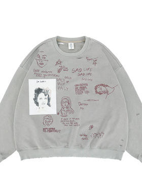 2025秋冬新款欧美潮牌人像涂鸦印花破坏毛圈圆领卫衣男