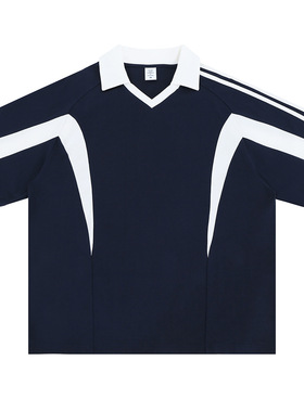 春夏新品潮牌美式经典条纹学院风休闲v领翻领短袖