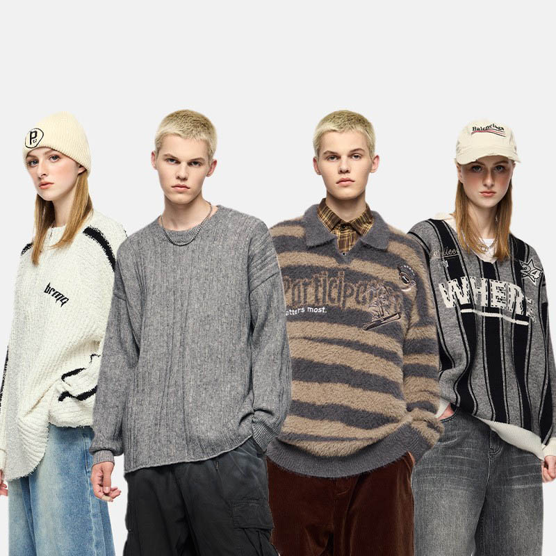 美式街头复古毛衣2025秋季潮牌刺绣圆领针织衫男女同款