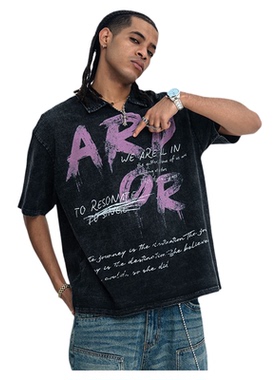 美式高街风宽松水洗字母印花短袖重磅翻领T恤男宽松黑色