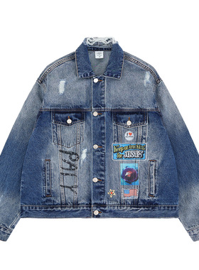 2025秋冬新款全息数码印花亮片绣花美式嘻哈牛仔夹克