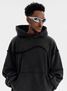 2025秋冬新品欧美潮牌复古反车工艺拼接解构连帽卫衣男