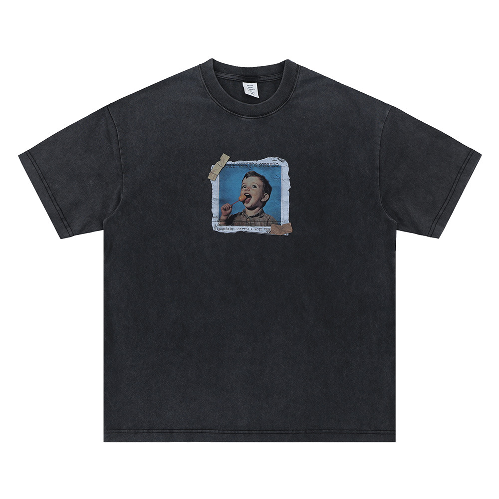 春夏新品欧美潮牌复古水洗小孩照片印花短袖T恤上衣