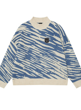 复古斑马纹慵懒风刺绣圆领毛衣