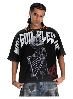 美式复古vintage祈祷叛逆满印水洗做旧宽松一体剪裁短袖T恤