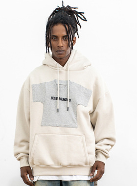 2025秋冬新款美式复古趣味拼接加绒情侣休闲连帽卫衣