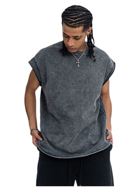 美式无袖坎肩男夏洗水复古t恤宽松正肩体恤独特小飞袖上衣