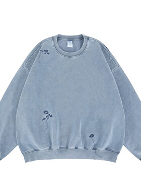 2025秋冬新款潮牌重工水洗磨白刺绣纯色加绒圆领卫衣男