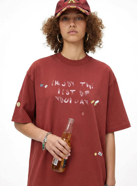 复古小贴纸印花短袖T恤 2026春夏新款街头潮牌风纯棉上