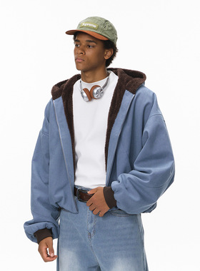 短款毛绒拉链外套25冬季新品ins潮牌街头撞色连帽卫衣