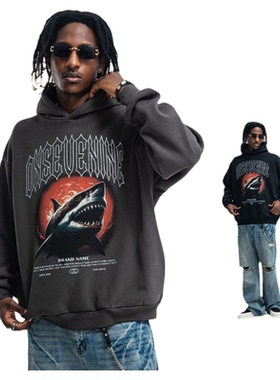 430G重磅连帽卫衣男款加绒加厚潮牌鲨鱼印花宽松套头帽衫