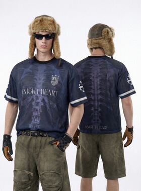 X光骨骼数码印球服26春夏新品街头透气暗黑印花短袖T恤