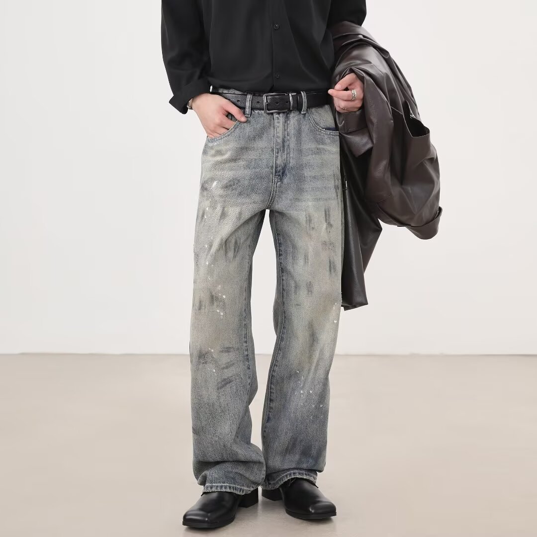 美式高街vibe潮牌复古泼墨牛仔裤男春秋水洗宽松直筒阔腿脏脏裤子