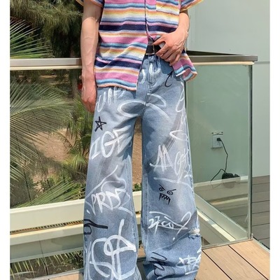 cleanfit牛仔裤男款秋冬男士宽松阔腿裤美式直筒涂鸦字母男生裤子