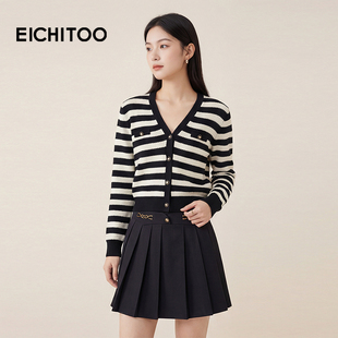 爱居兔经典黑白条纹针织衫2026年春季新款女长袖修身上衣