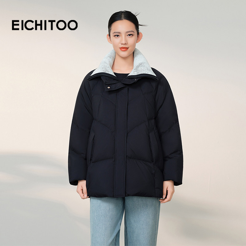 爱居兔翻领保暖撞色羽绒服2025年冬季新款女插袋宽松冬外套