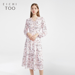 爱居兔长袖连衣裙女春新款甜美满印V领收腰淑女连衣裙裙子女
