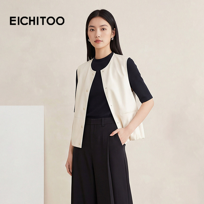 爱居兔圆领PU皮马甲女春季新款潮流百搭宽松无袖坎肩背心