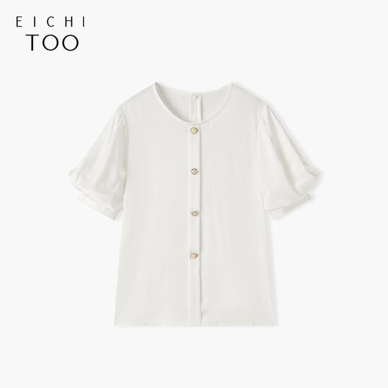 爱居兔夏季新款通勤风白色圆领灯笼袖轻薄宽松短袖雪纺衫