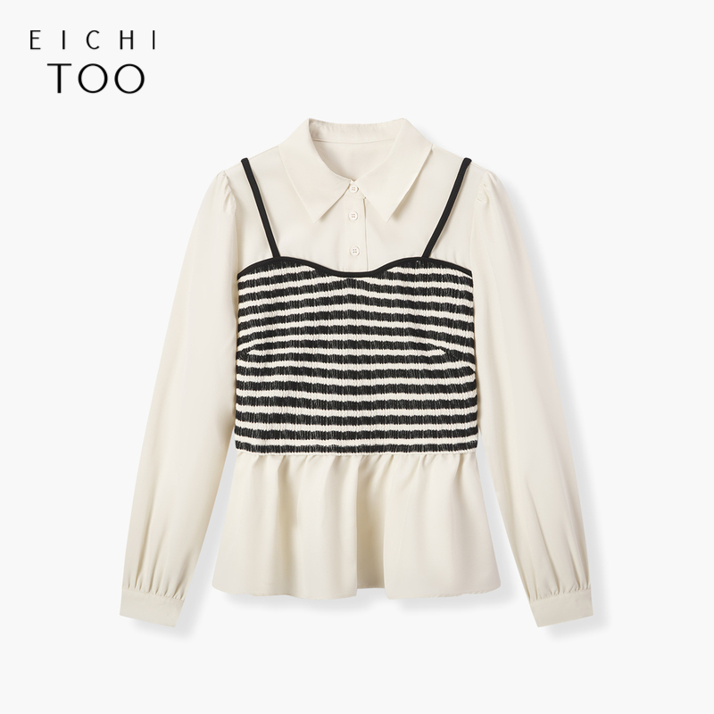 爱居兔秋季新款假两件撞色时尚长袖衬衫