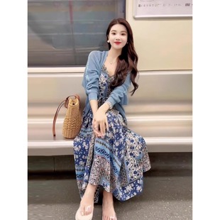 茶歇法式 碎花吊带连衣裙女夏季 气质长裙海边度假搭配防晒开衫 套装
