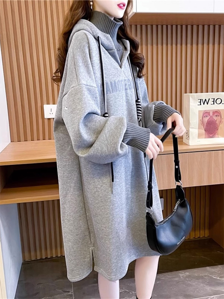 灰色中长款卫衣女2025春秋新款大码胖mm宽松显瘦假两件过膝连衣裙