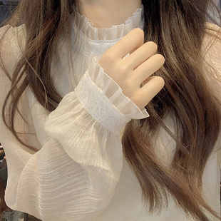 白色蕾丝长袖t恤女2024秋季新款高级感法式仙气立领别致独特上衣