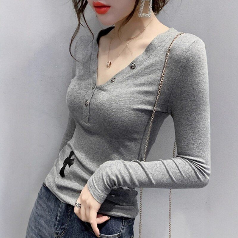 灰色V领长袖t恤女士2026春季新款设计感通勤百搭修身显瘦薄款上衣