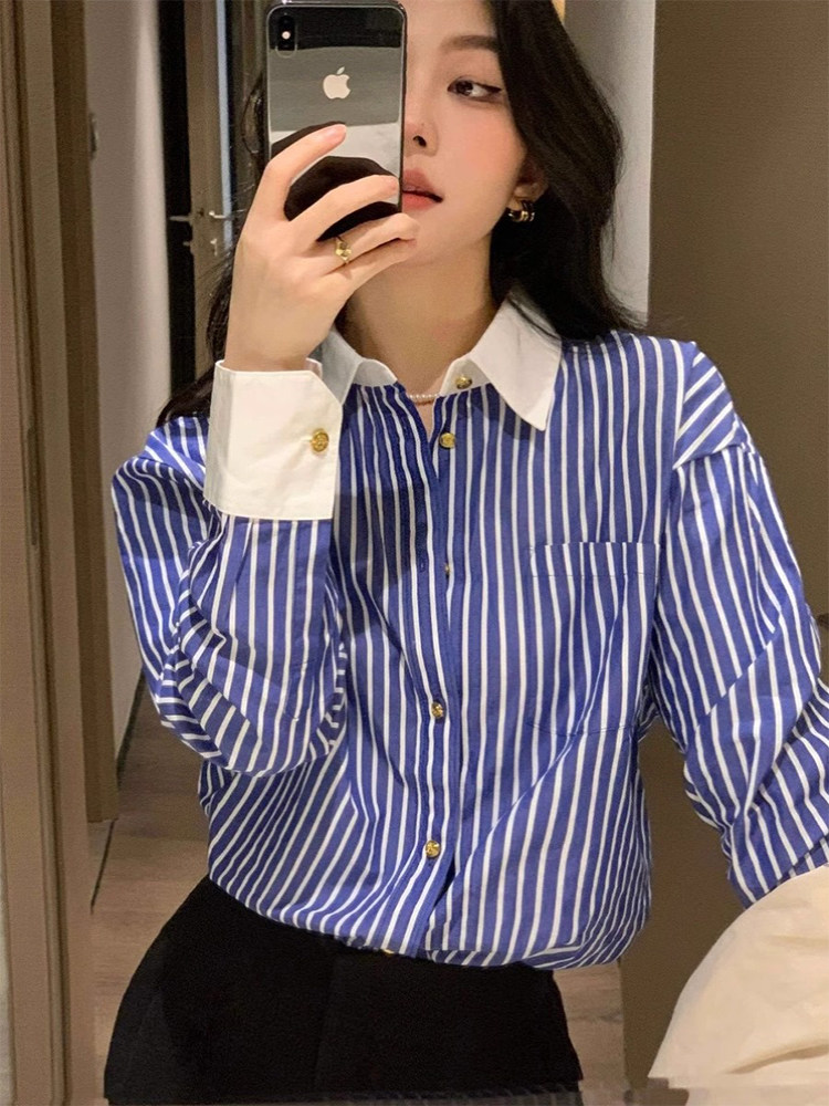 翻领蓝白条纹长袖衬衫女2025春秋新款法式高级感时尚撞色别致衬衣