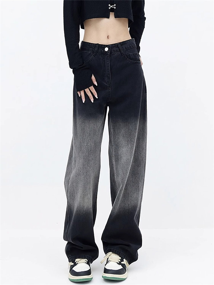 美式渐变牛仔裤女2024秋冬新款拼色高级感炸街阔腿裤大码拖地长裤