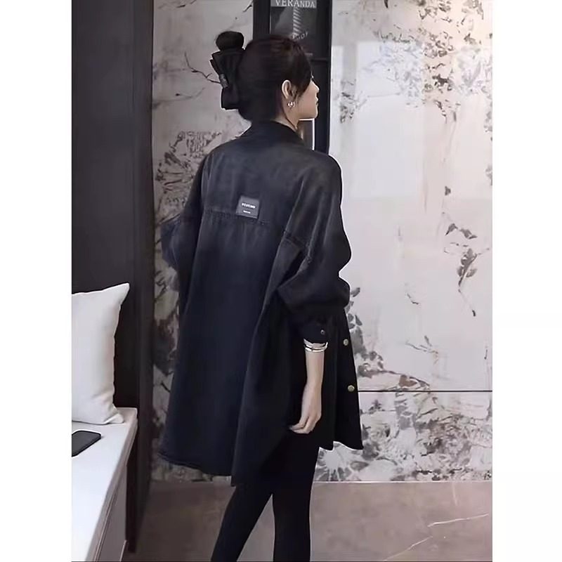 韩版黑色牛仔衬衫女2025夏季新款中长版休闲 百搭衬衣叠穿上衣外