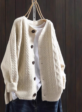 麻花长袖针织开衫女2025秋季新款宽松显瘦慵懒风圆领漂亮毛衣外套