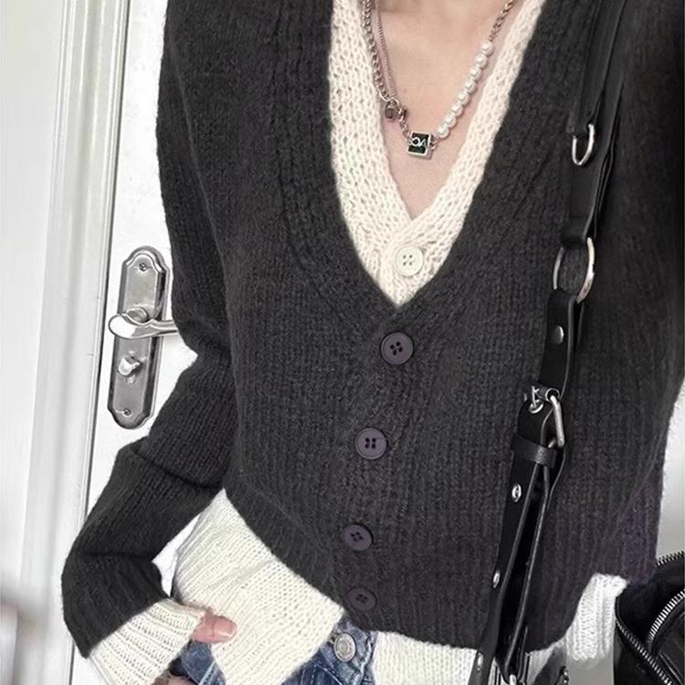 假两件v领针织衫女2025秋季新款设计感宽松休闲内搭打底长袖上衣