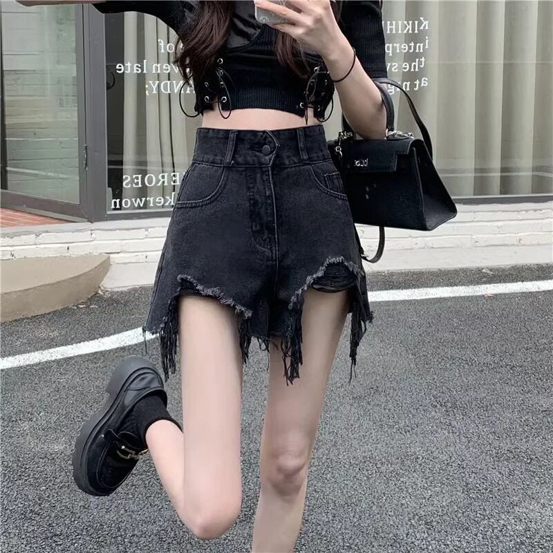 不规则毛边牛仔短裤女夏季大码胖mm高腰显瘦美式辣妹a字阔腿热裤