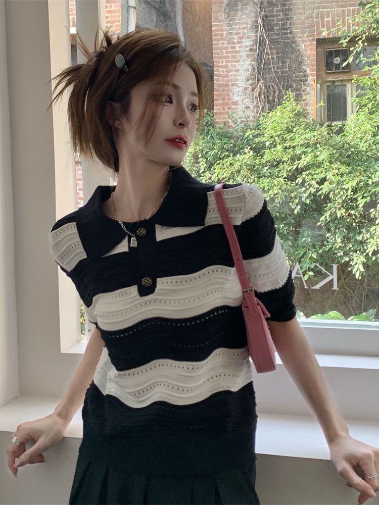 코튼 컬러 여름 새로운 디자인 틈새 웨이브 패턴 스웨터 여성 폴로 칼라 스트라이프 반팔 티셔츠 탑