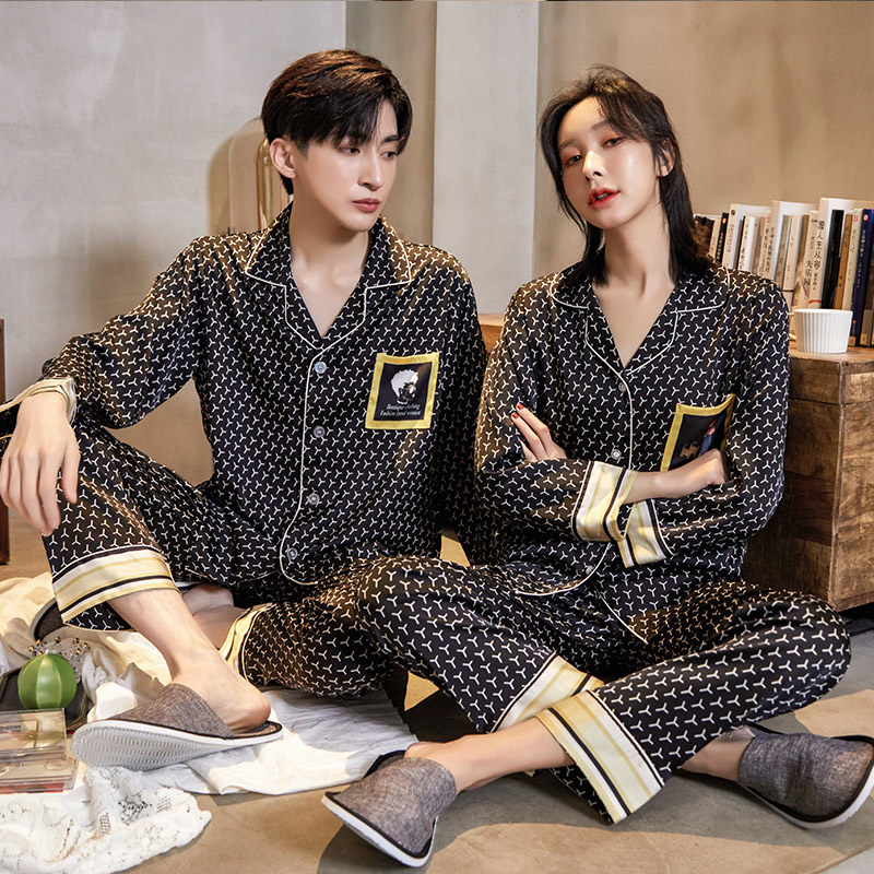 新款丝绸情侣睡衣春夏男女士冰丝长袖印花卡通缎面雪纺家居服套装