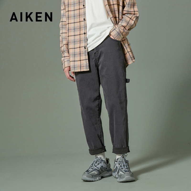 aiken/爱肯2019秋冬牛仔裤男款休闲宽松复古深色牛仔裤长裤子