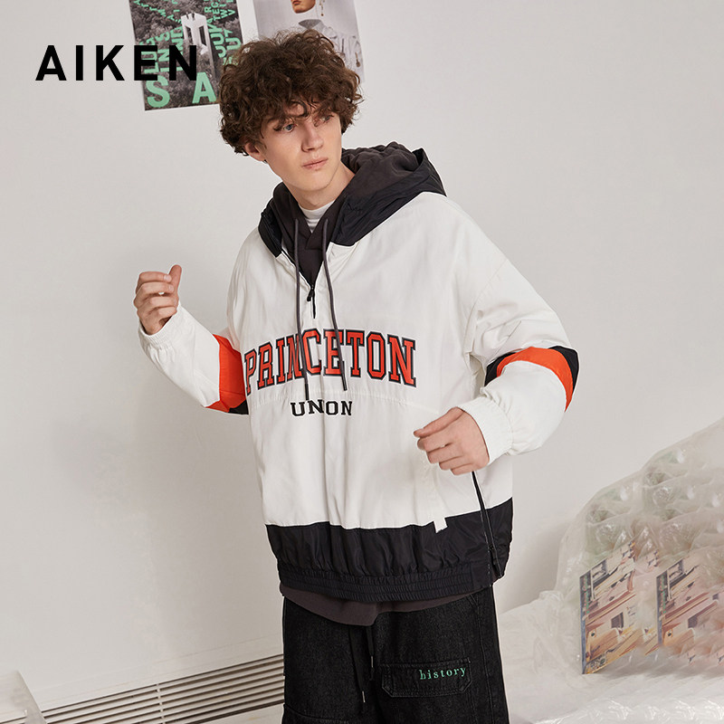 aiken/爱肯2019冬新款套头休闲中长款棉服复古撞色连帽款外套男