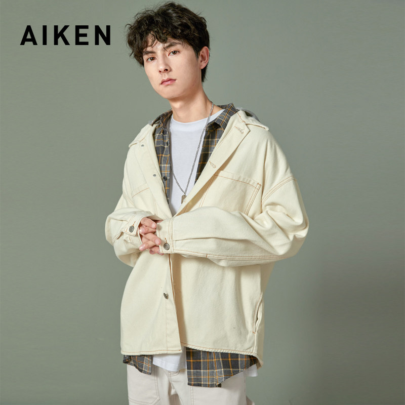 aiken/爱肯2019年秋季新款米白色衬衫牛仔外套 文艺休闲连帽夹克