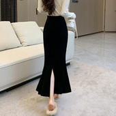 金丝绒半身裙黑色开叉长裙秋冬款 鱼尾裙 显瘦高腰复古中长款
