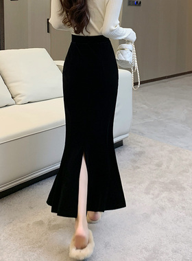 金丝绒半身裙黑色开叉长裙秋冬款显瘦高腰复古中长款鱼尾裙