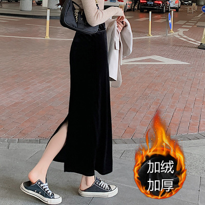 百搭复古丝绒开叉半身裙