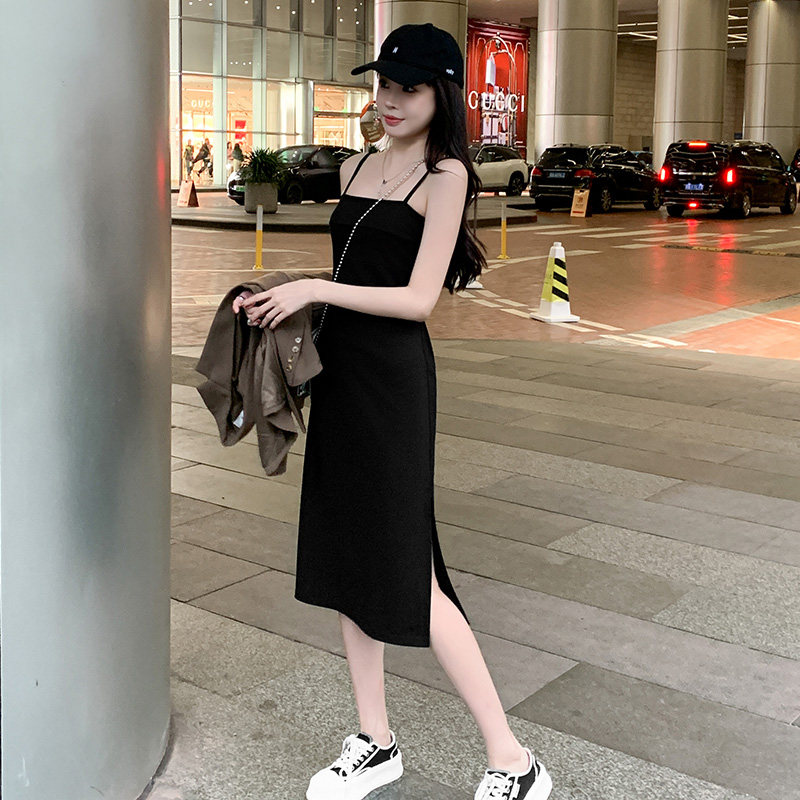 吊带裙女2025年春夏新款大码法式性感显瘦黑色中长款开叉连衣裙