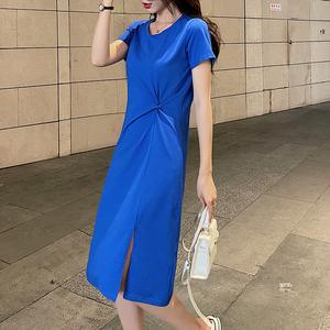 女装新款2025爆款纯棉休闲显瘦中长款开叉大码气质连衣裙公主裙子