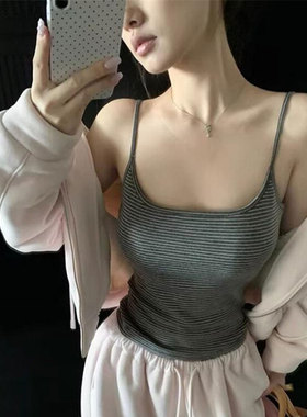 漂亮春夏漫画胸条纹小吊带背心女内搭美背文胸一体带胸垫上0502d